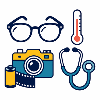 眼鏡・写真機(フィルム式)・体温計・医療機器のイラスト